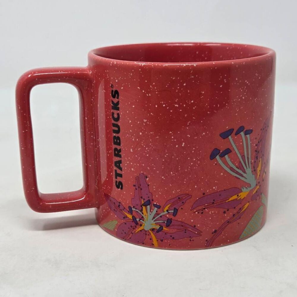 STARBUCKS SUMMER 2022 LILY FLOWERS GUAVA PINK/RED SPECKLED CERAMIC MUG 12 OZ.